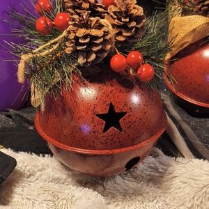 Festive Red Holiday Bell with Pinecone and Berry Accents